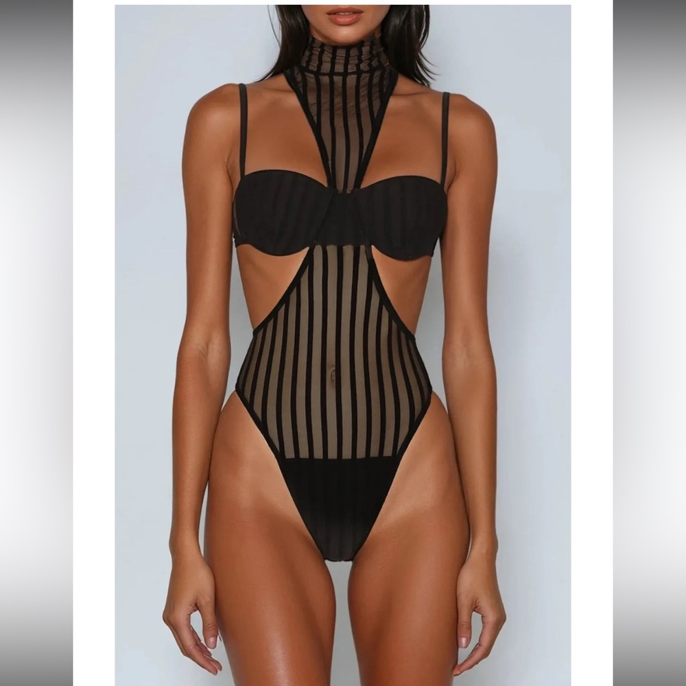 Sheer Striped High-Neck Black Bodysuit